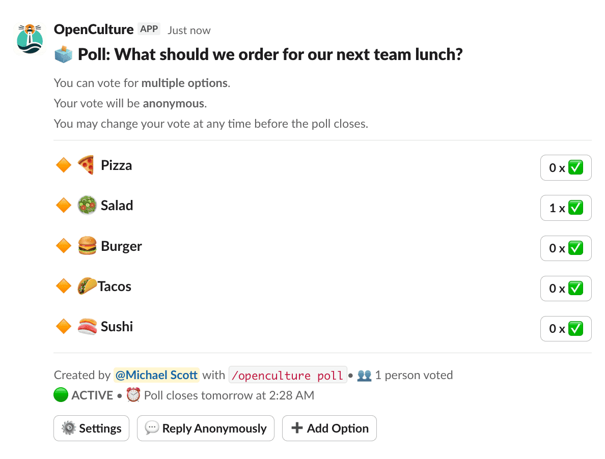 Screen capture of a Poll run using OpenCulture about next lunch order