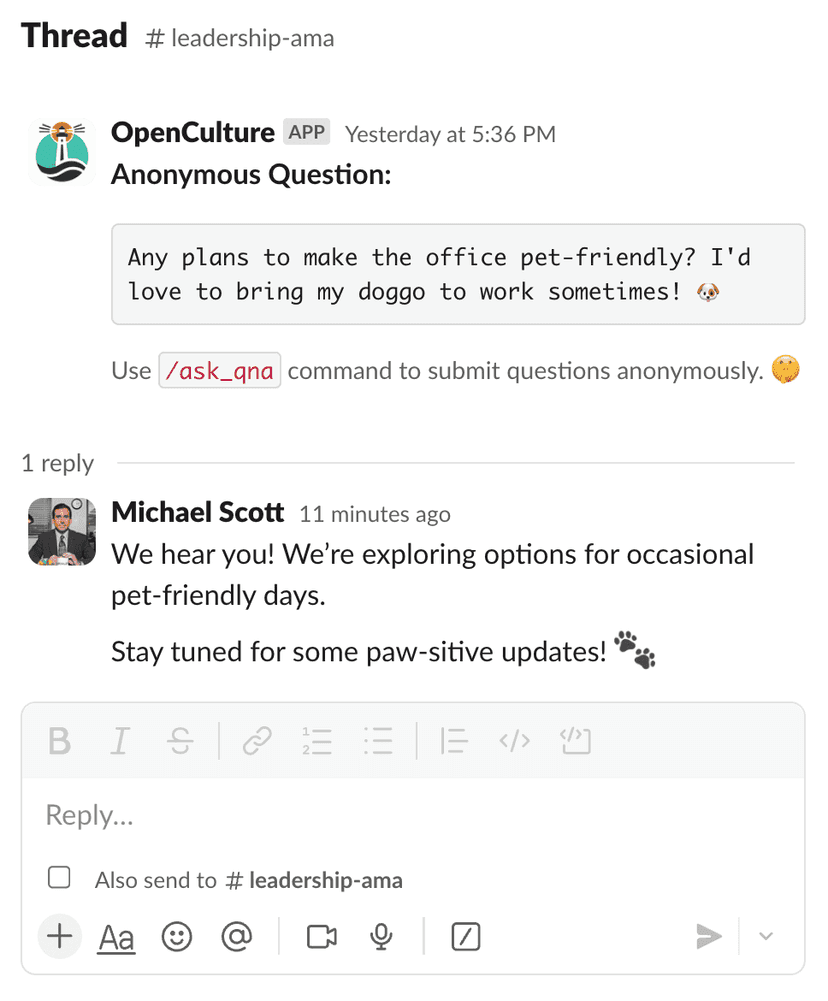 A Slack thread from the #leadership-ama channel. At the top, the OpenCulture Bot posts an anonymous question about the rumor of this year's company retreat being in Bali and inquires about dates. Below, a response confirms the retreat's location in Bali.