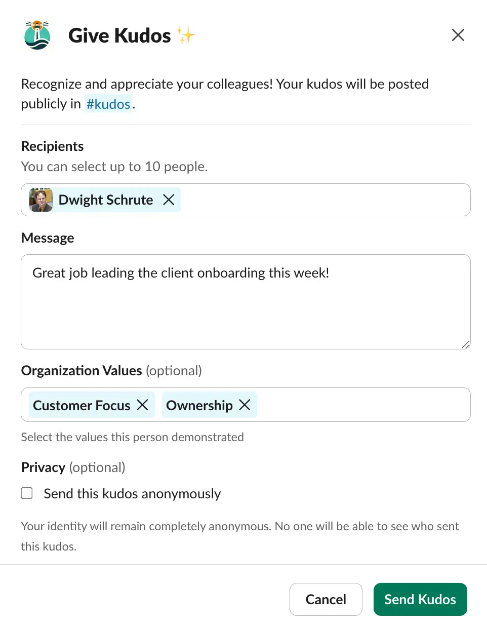 Screenshot of a kudos message in Slack showing recognition given to a teammate